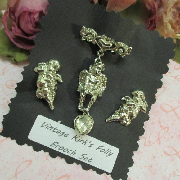 KIRK'S FOLLY Cherub Floral Heart Jewelry Set ~ Vintage Winged Cherub Set - Picture 1 of 14
